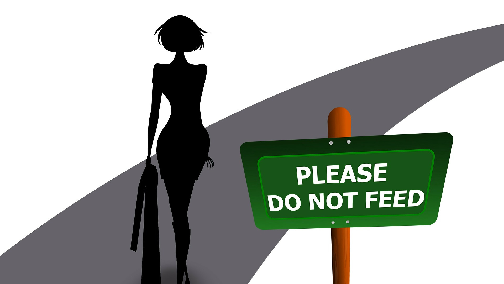 Silhouette of woman walking on path with a do not feed sign.