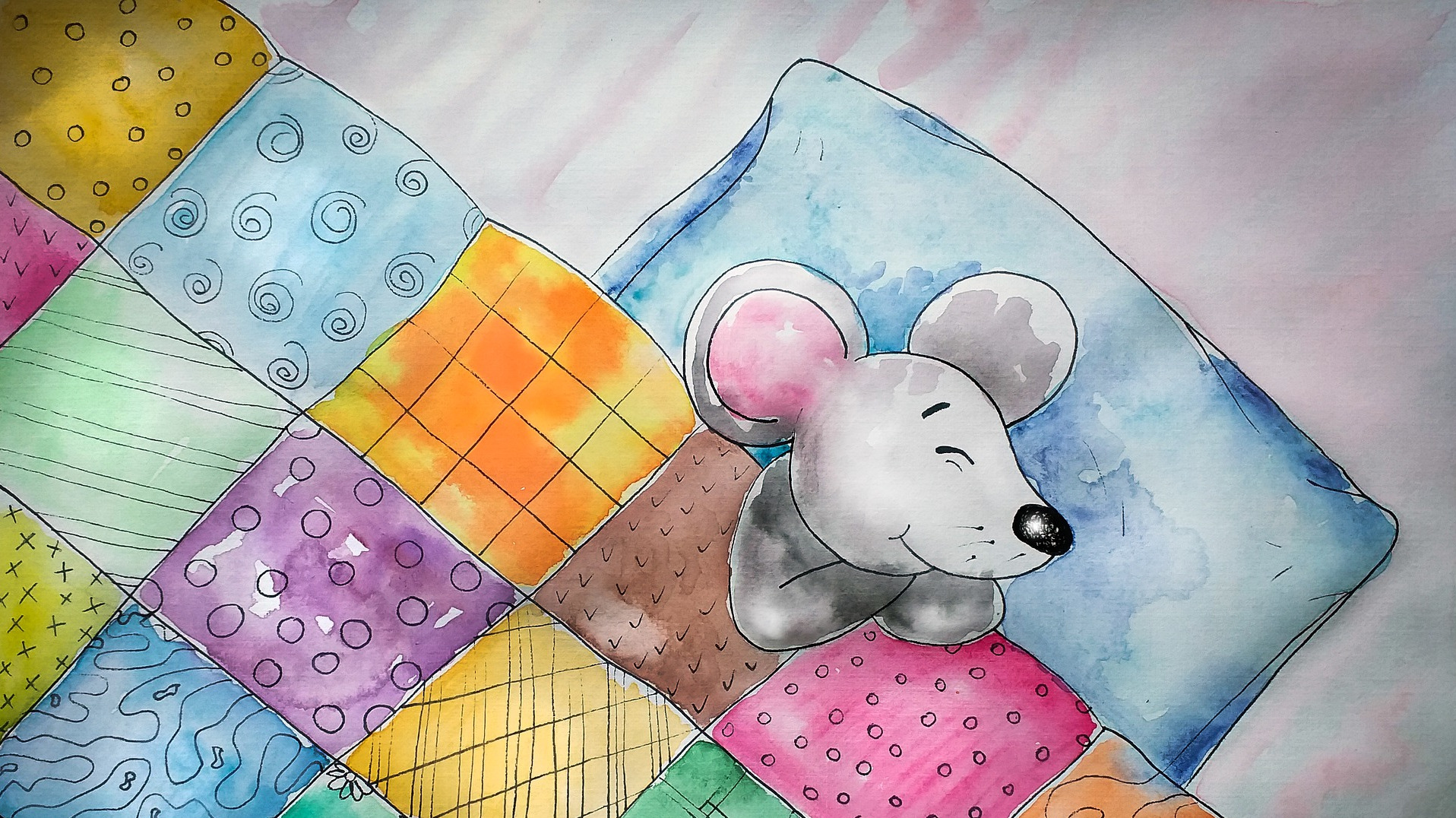Drawing of mouse sleeping in a bed
