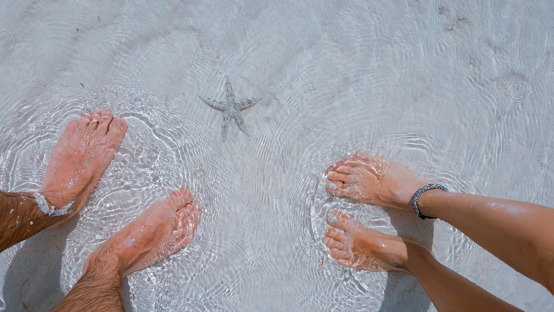 man and woman feet in ocean water